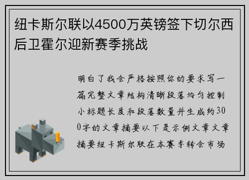 纽卡斯尔联以4500万英镑签下切尔西后卫霍尔迎新赛季挑战